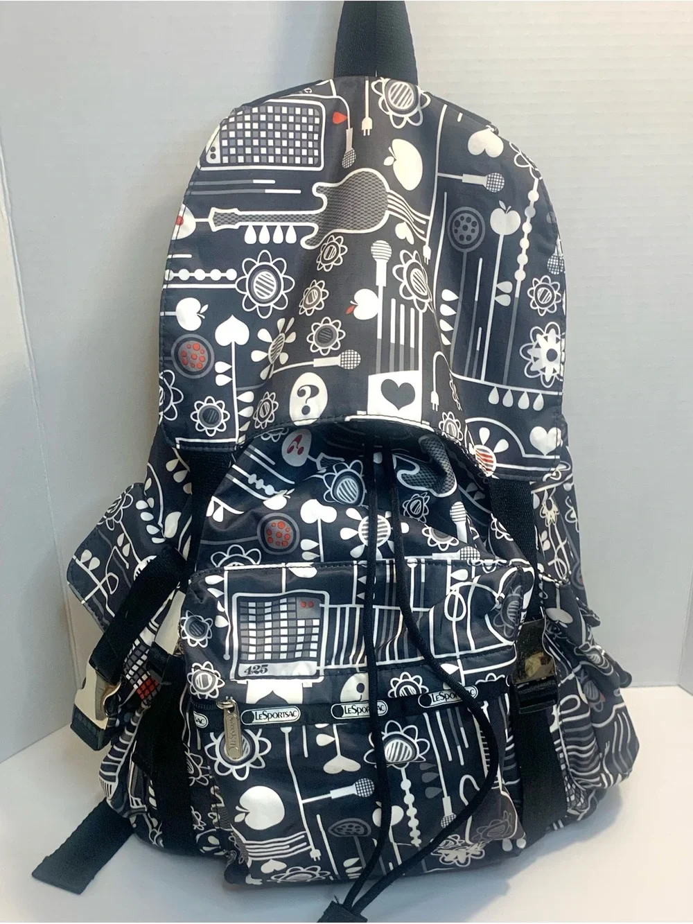 Lesportsac Black & White Graphic Kids Backpack with Playful Icons